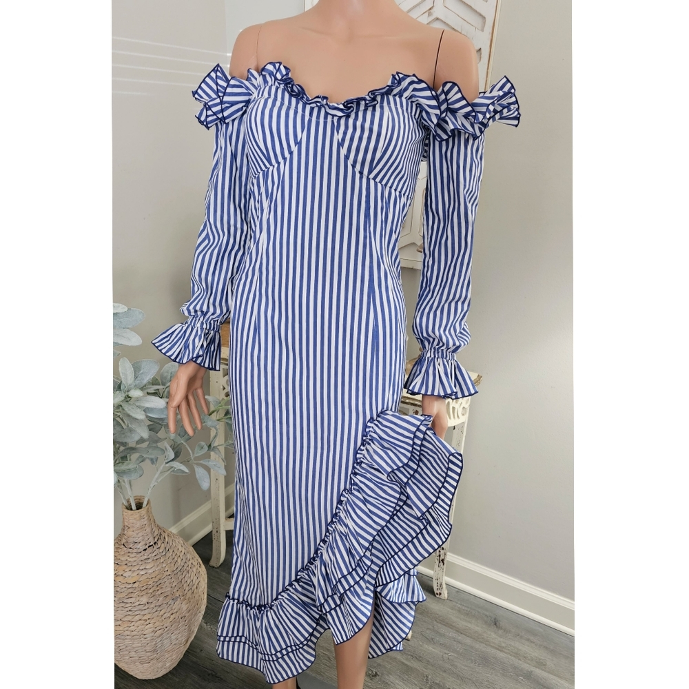 Petersyn Kerri Blue White Stripes Off Shoulder Ruffles Long Sleeve Maxi Dress